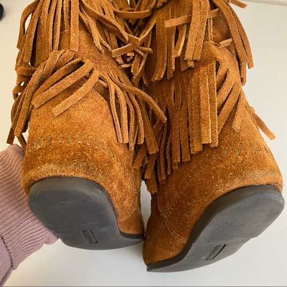 Minnetonka 3 Layer Fringe Brown Suede Boots boho - Picture 10 of 12